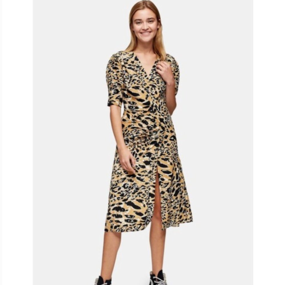 NWOT Leopard Print Mock Wrap Midi Dress - Picture 1 of 6